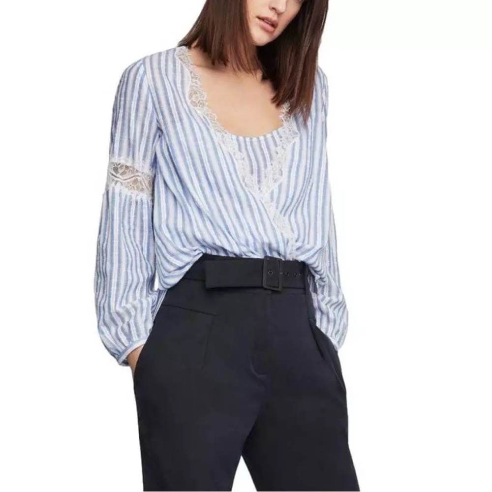 NWT BCBGMaxAzria Blouse Woman XXS Blue Combo Striped Faux Wrap Long Sleeves Top